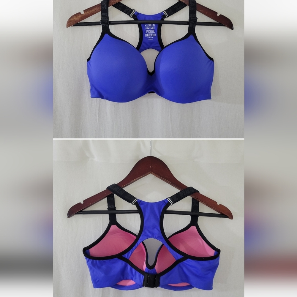PINK Victorias Secret Ultimate Blue/Black Razor Back Push-Up Sports Bra Size L